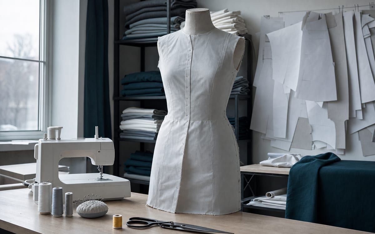服飾の工房。ドレスフォームとミシン、型紙、布(イメージ画像・AI生成)