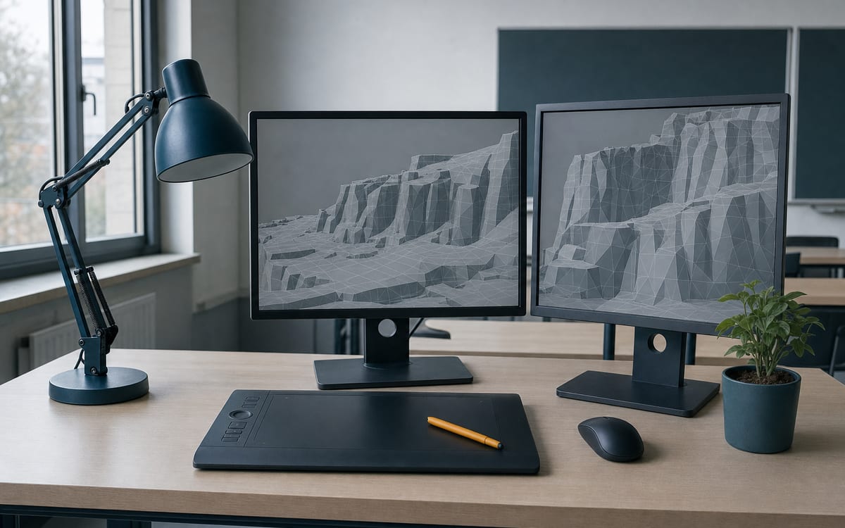 ゲーム・CG制作の机。3Dモデルを映したモニターとペンタブレット(イメージ画像・AI生成)
