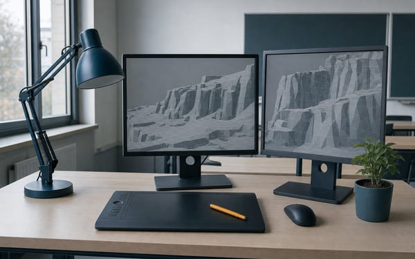 ゲーム・CG制作の机。3Dモデルを映したモニターとペンタブレット（イメージ画像・AI生成）