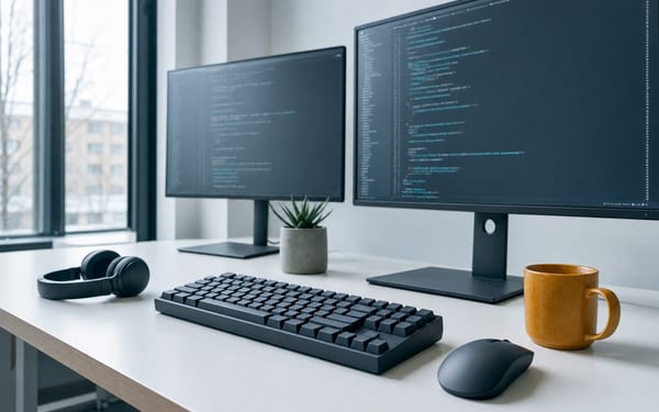 プログラミング学習の机。2面のモニターとキーボード（イメージ画像・AI生成）