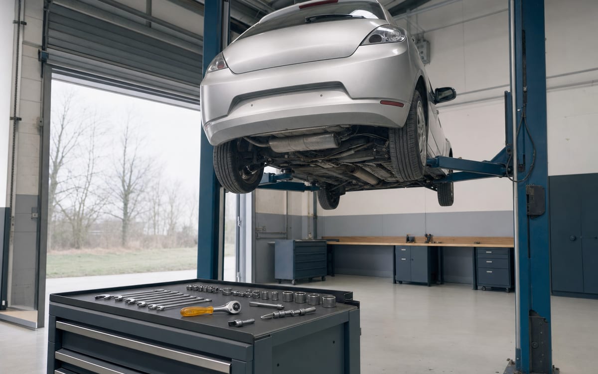 自動車整備の実習工場。リフトで持ち上げた車と工具箱(イメージ画像・AI生成)