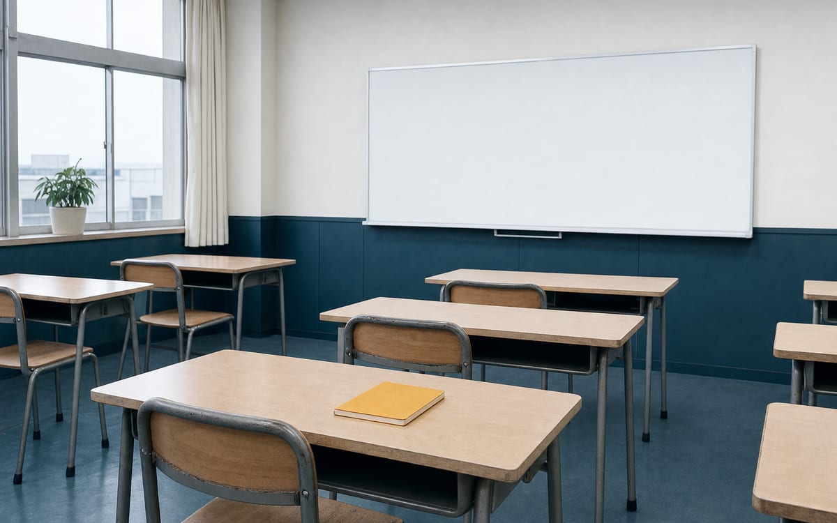 専門学校の教室。机と椅子、白紙のホワイトボード（イメージ画像・AI生成）