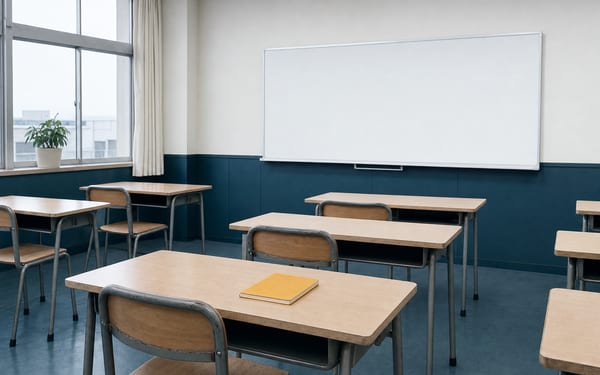 専門学校の教室。机と椅子、白紙のホワイトボード（イメージ画像・AI生成）