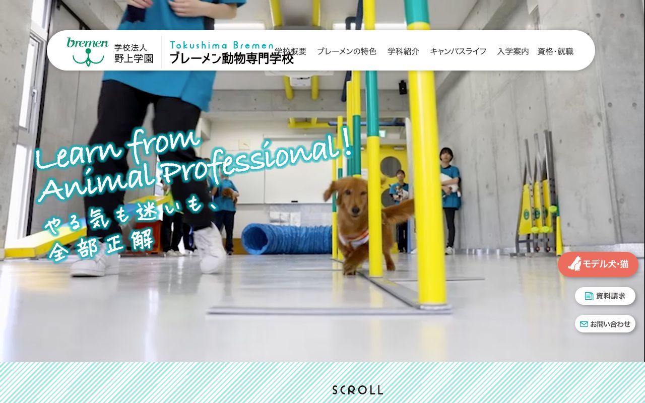 ブレーメン動物専門学校の公式サイトの画面